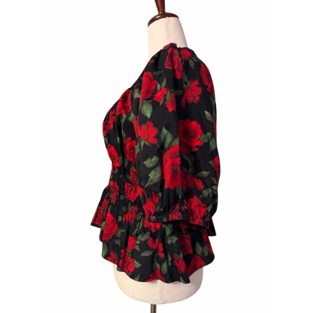 Old Navy Floral Smocked Babydoll Top XL Red Rose Print Puff Sleeve Boho